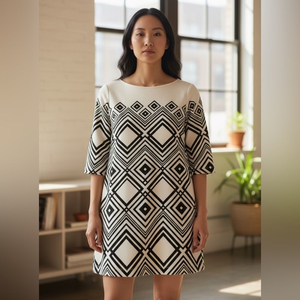 Taylor Dress Ivory & Grey Geometric Print Dress – Size 4